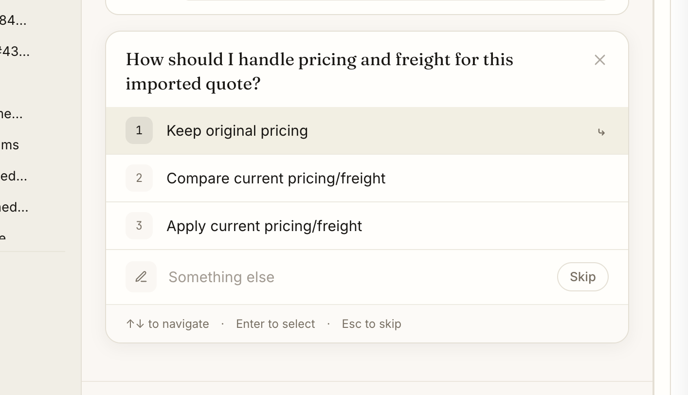 The AI asks a clarifying question about pricing and freight