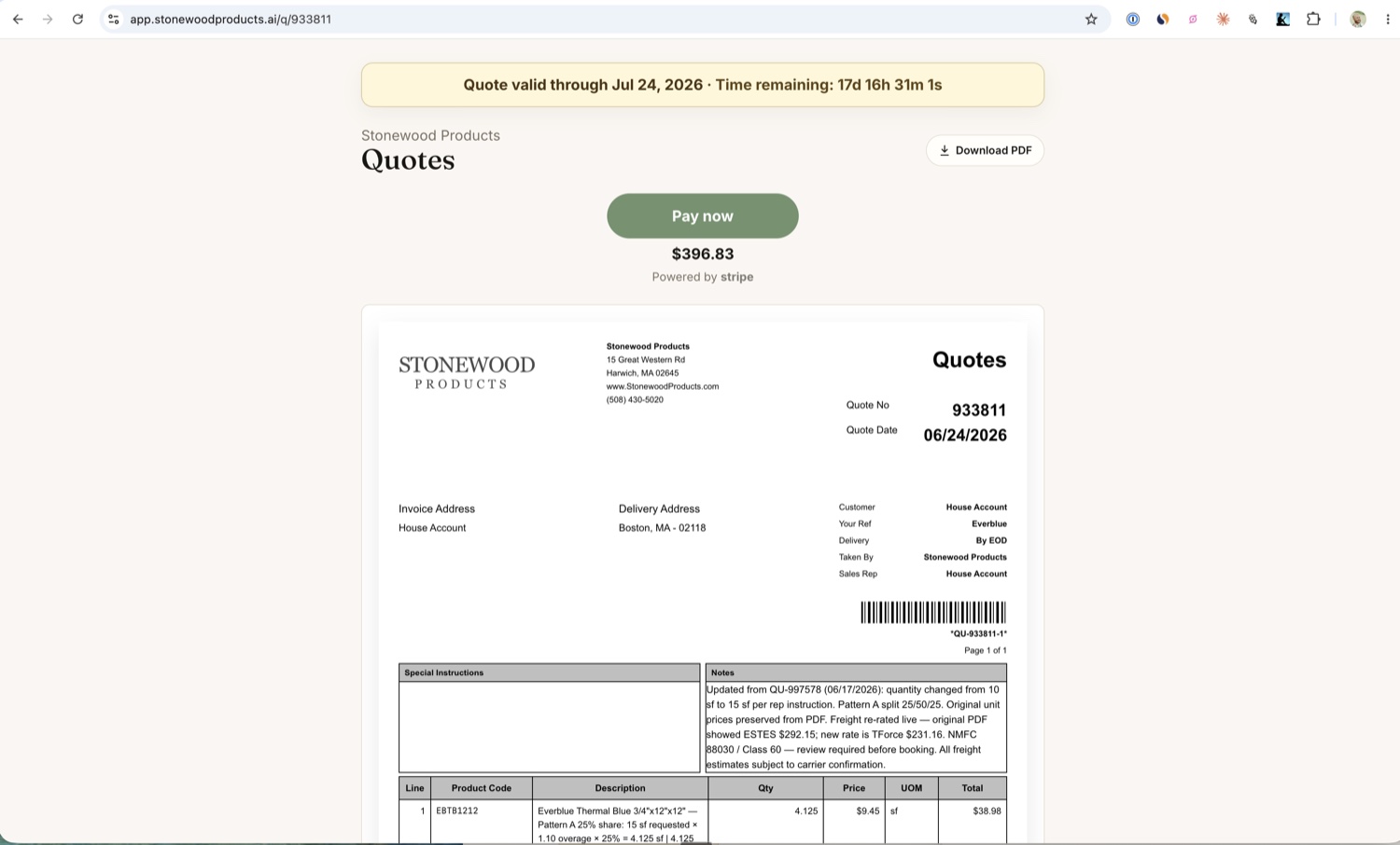 Branded customer quote with a Pay now button and Stripe checkout