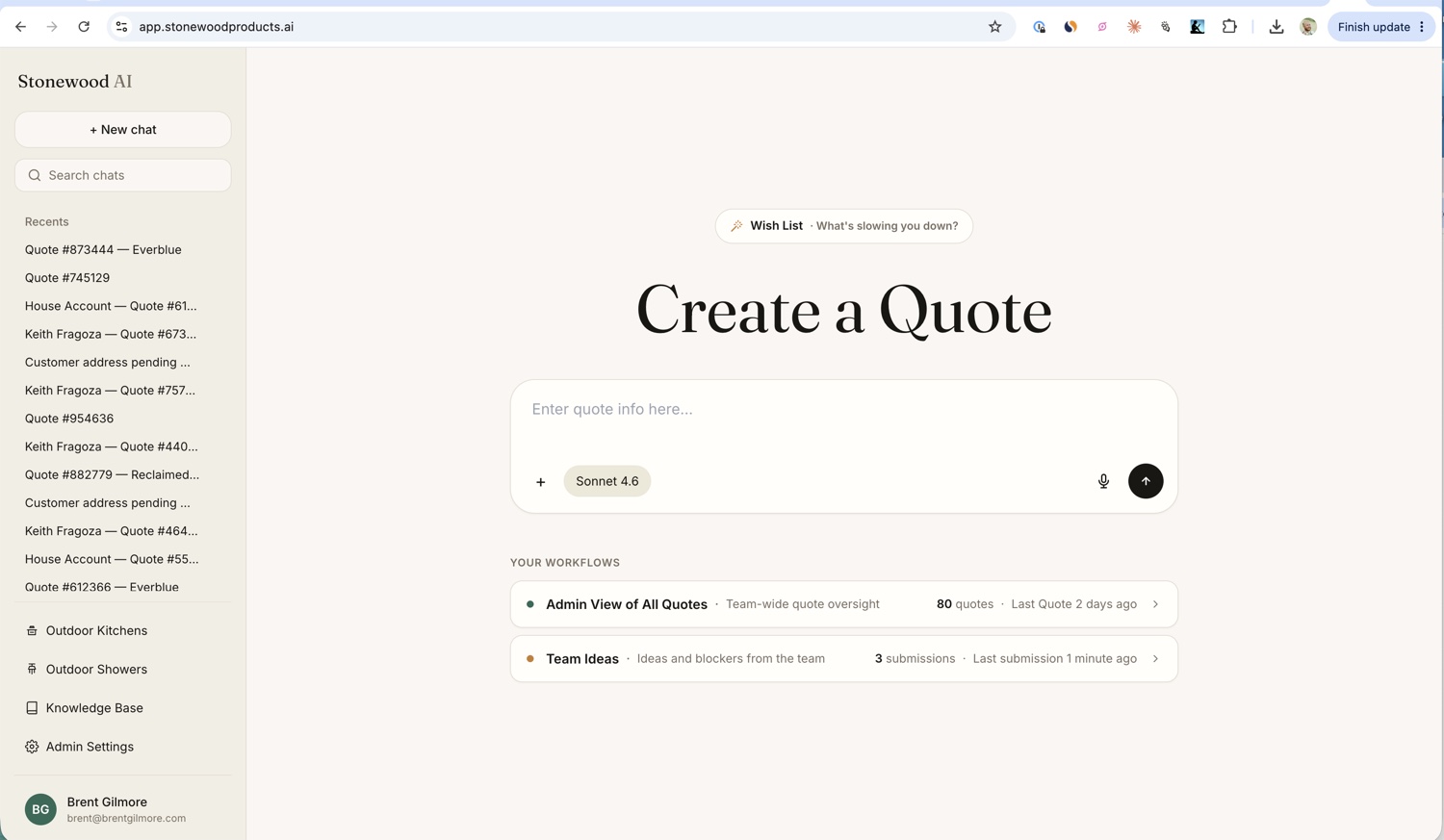 Stonewood AI home screen: Create a Quote with a chat box